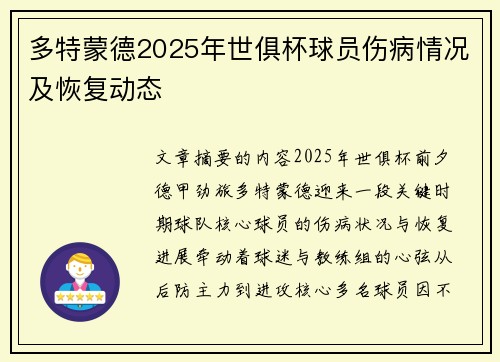 多特蒙德2025年世俱杯球员伤病情况及恢复动态